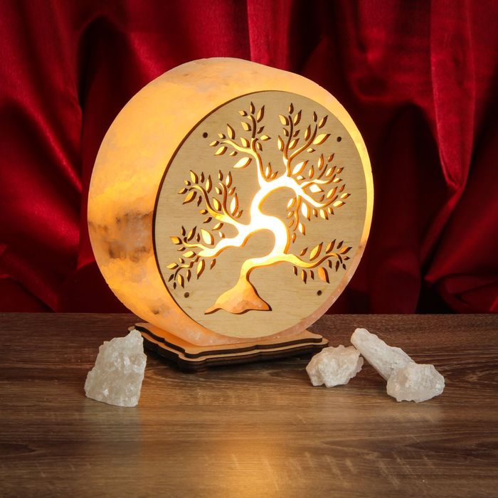 Соляной светильник "Круглый", деревянный декор, цельный кристалл