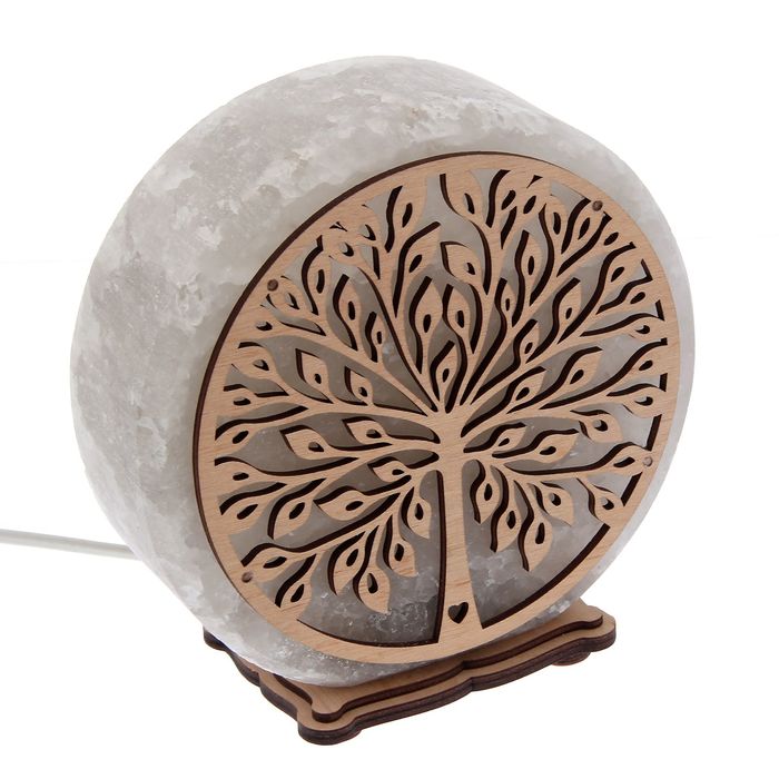 Соляной светильник "Круглое" деревянный декор, цельный кристалл