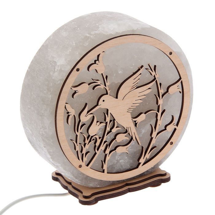 Соляной светильник "Круглый" деревянный декор, цельный кристалл