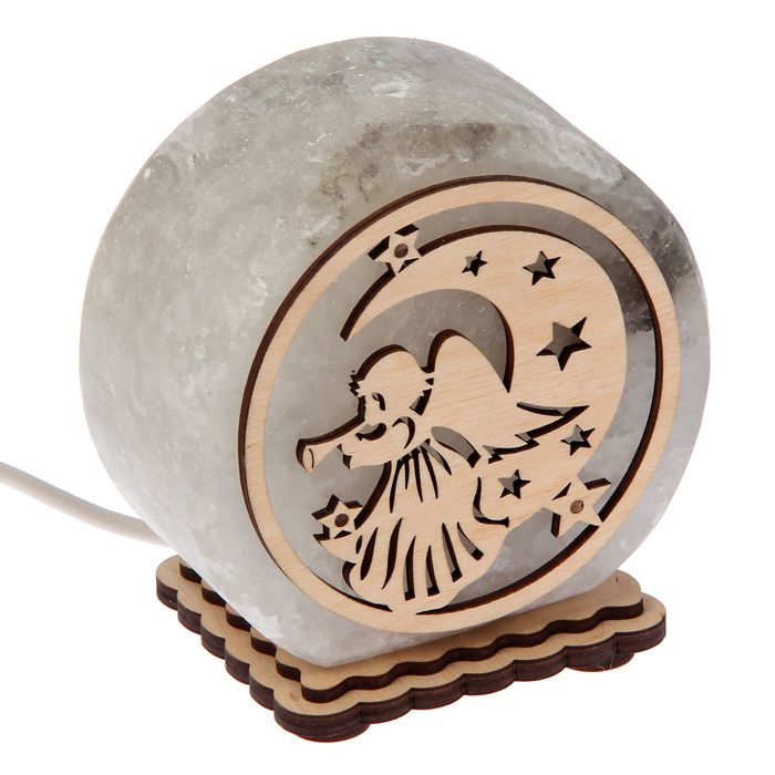 Соляной светильник "Круглый", малый, с узором "Ангел", 12 х 6 см, деревянный декор, цельный кристалл