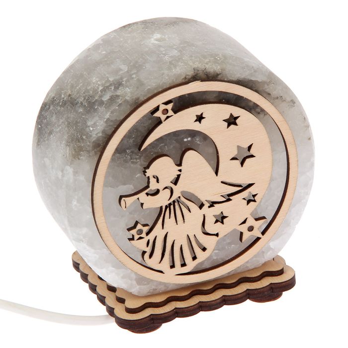 Соляной светильник "Круглый", малый, с узором "Ангел", 12 х 6 см, деревянный декор, цельный кристалл