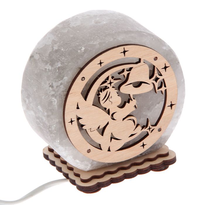 Соляной светильник "Круглый", малый, с узором "Ангел", 12 х 6 см, деревянный декор, цельный кристалл