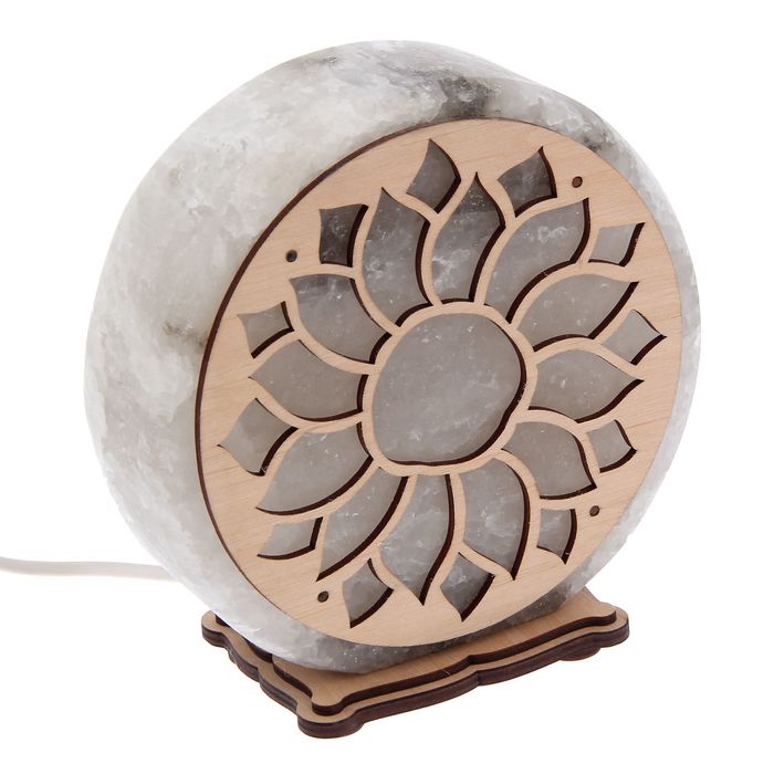 Соляной светильник "Круглый" подсолнух, деревянный декор, цельный кристалл