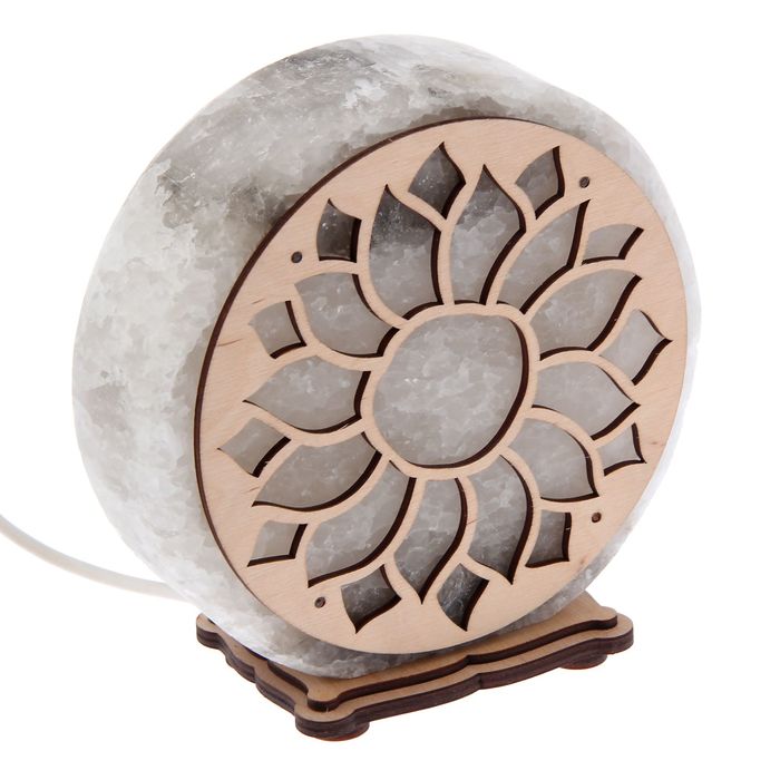 Соляной светильник "Круглый" подсолнух, деревянный декор, цельный кристалл