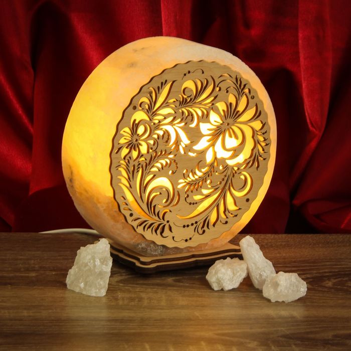 Соляной светильник "Круглый" хохлома, деревянный декор, цельный кристалл