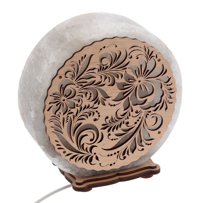 Соляной светильник "Круглый" хохлома, деревянный декор, цельный кристалл