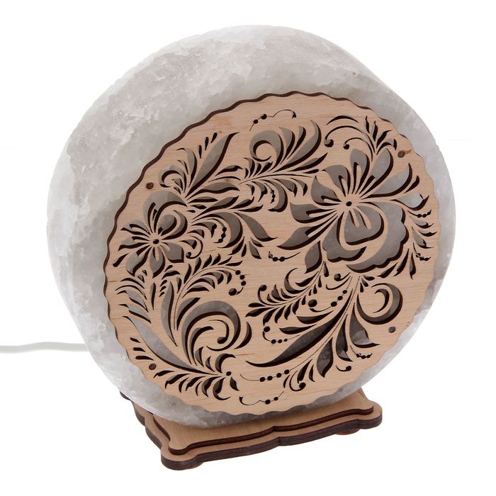 Соляной светильник "Круглый" хохлома, деревянный декор, цельный кристалл