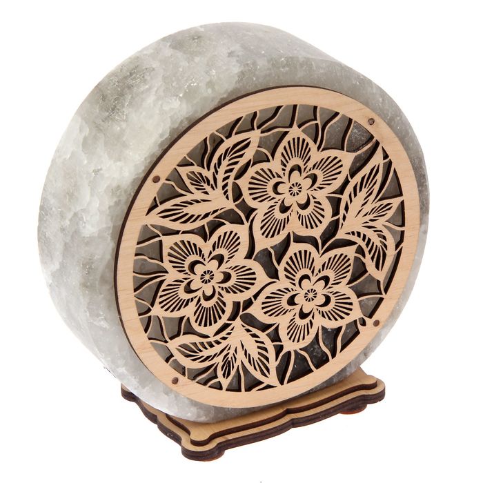 Соляной светильник "Круглый" растение, деревянный декор, цельный кристалл