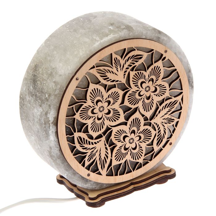 Соляной светильник "Круглый" растение, деревянный декор, цельный кристалл