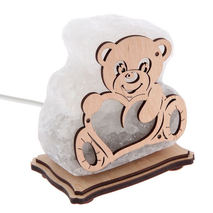 Соляной светильник "Мишка" малый 11х11х6 см, деревянный декор, цельный кристалл