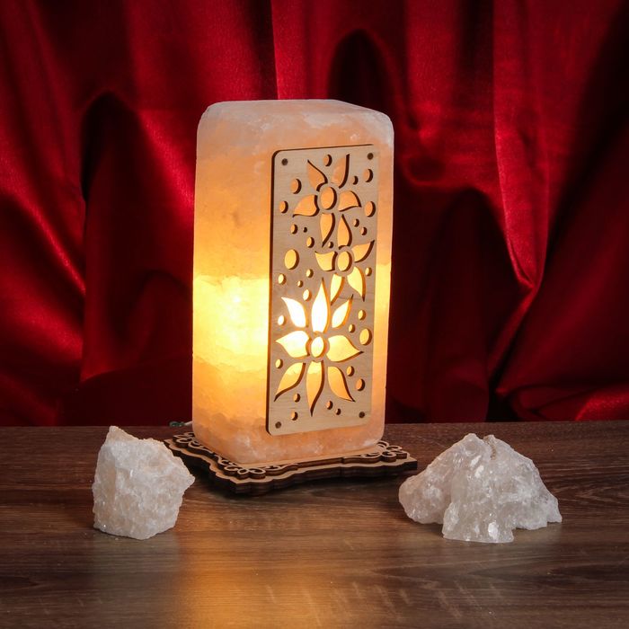 Соляной светильник "Прямоугольник" с узором №1 16х8х6 см, деревянный декор, цельный кристалл