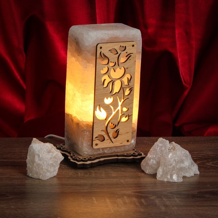 Соляной светильник "Прямоугольник" с узором №2 16х8х6 см, деревянный декор, цельный кристалл