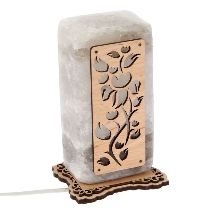 Соляной светильник "Прямоугольник" с узором №2 16х8х6 см, деревянный декор, цельный кристалл