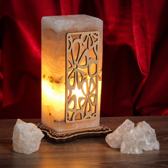 Соляной светильник "Прямоугольник" с узором №3 16х8х6 см, деревянный декор, цельный кристалл