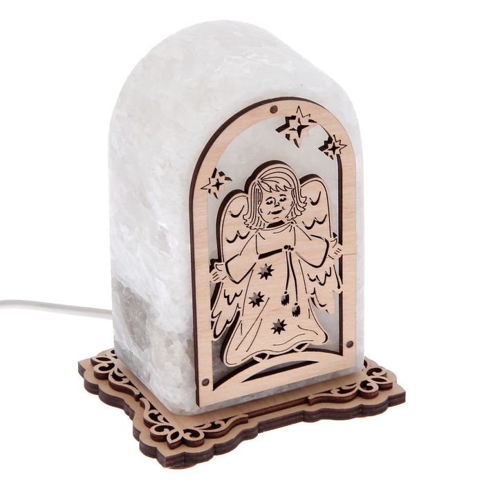 Соляной светильник "Прямоугольник" с узором, 14х8х6 см, деревянный декор, цельный кристалл