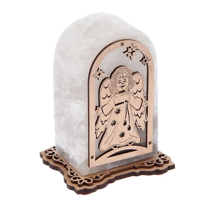 Соляной светильник "Прямоугольник" с узором, 14х8х6 см, деревянный декор, цельный кристалл