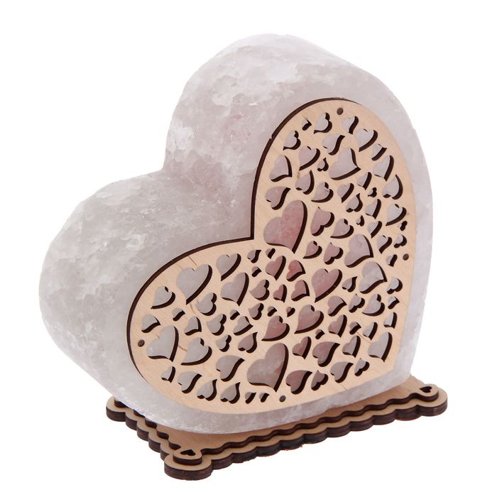 Соляной светильник "Сердце" большой с узором 18 х 17 х 6 см, деревянный декор, цельный кристалл