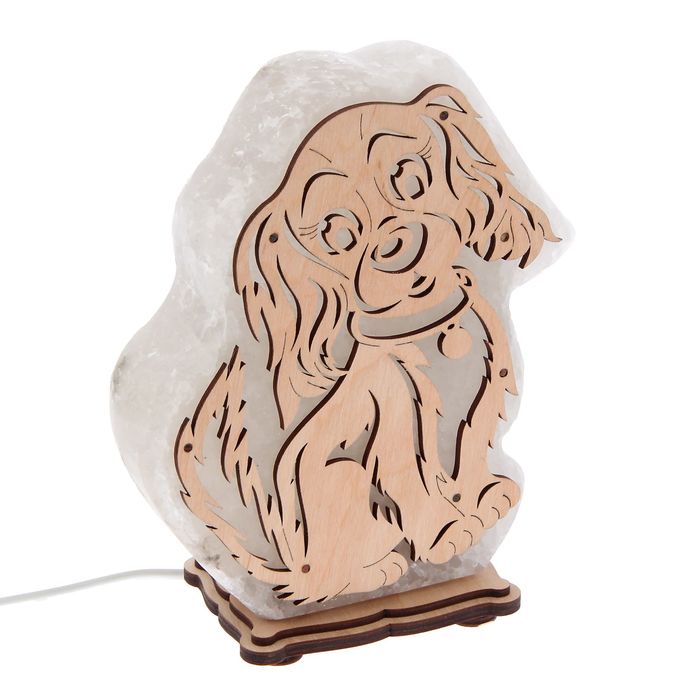 Соляной светильник "Собака" большой 19 х 16 х 6 см, деревянный декор, цельный кристалл
