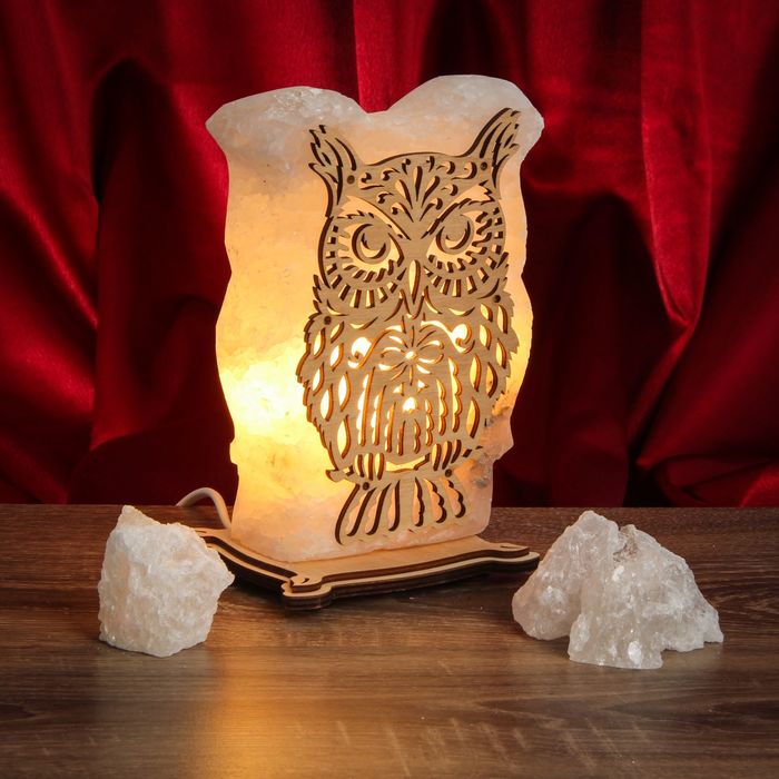 Соляной светильник "Сова" большой 18 х 13 см, деревянный декор, цельный кристалл