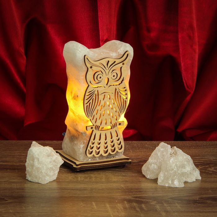 Соляной светильник "Сова" малый 16 х 8 х 6 см, деревянный декор, цельный кристалл