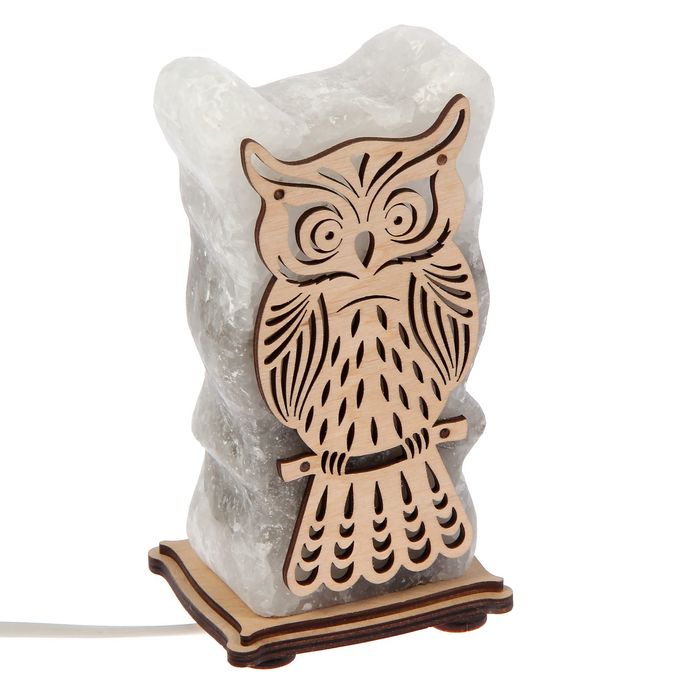 Соляной светильник "Сова" малый 16 х 8 х 6 см, деревянный декор, цельный кристалл