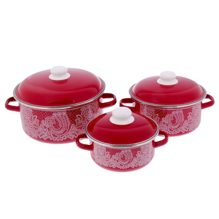 Набор кастрюль "Вологодское кружево", 3 предмета: 1,5 л, 3 л, 5 л, цвет вишнёвый