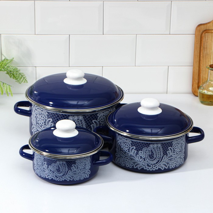Набор кастрюль "Вологодское кружево", 3 предмета: 1,5 л, 3 л, 5 л, цвет синий