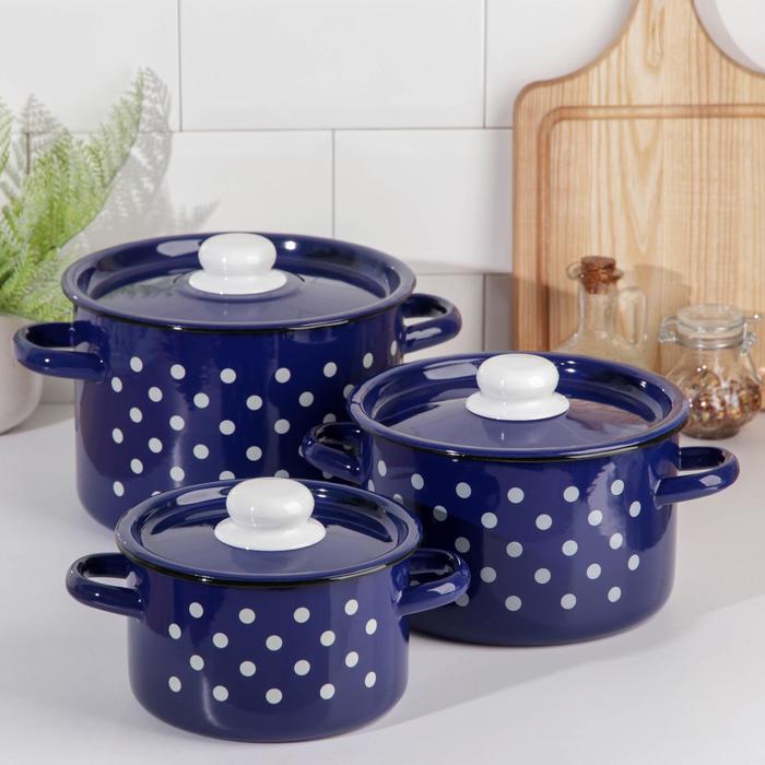 Набор кастрюль "Белый горох", 3 предмета: 1,5 л, 2,9 л, 4,5 л, цвет синий