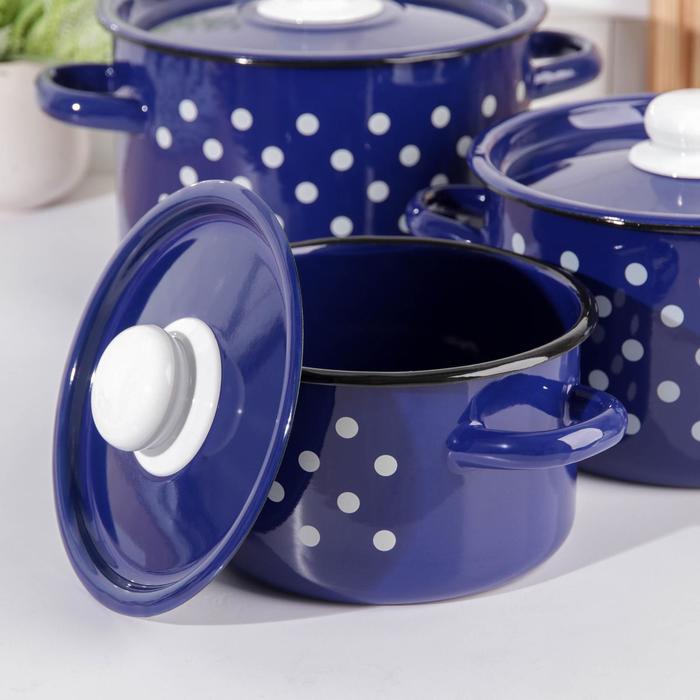 Набор кастрюль "Белый горох", 3 предмета: 1,5 л, 2,9 л, 4,5 л, цвет синий