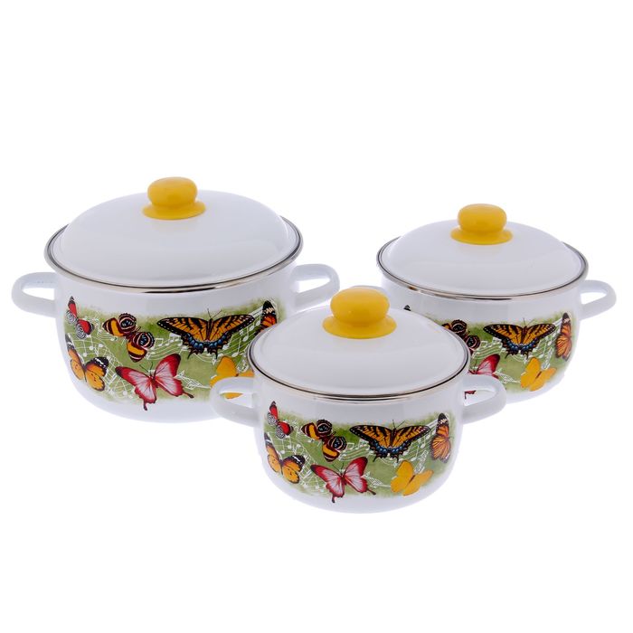 Набор кастрюль "Бабочки", 3 предмета: 2 л, 3 л, 5,5 л, цвет белый