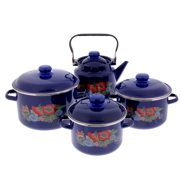 Набор посуды "Шиповник", 4 предмета: кастрюли 2 л; 3 л; 5,5 л, чайник 3,5 л, цвет синий