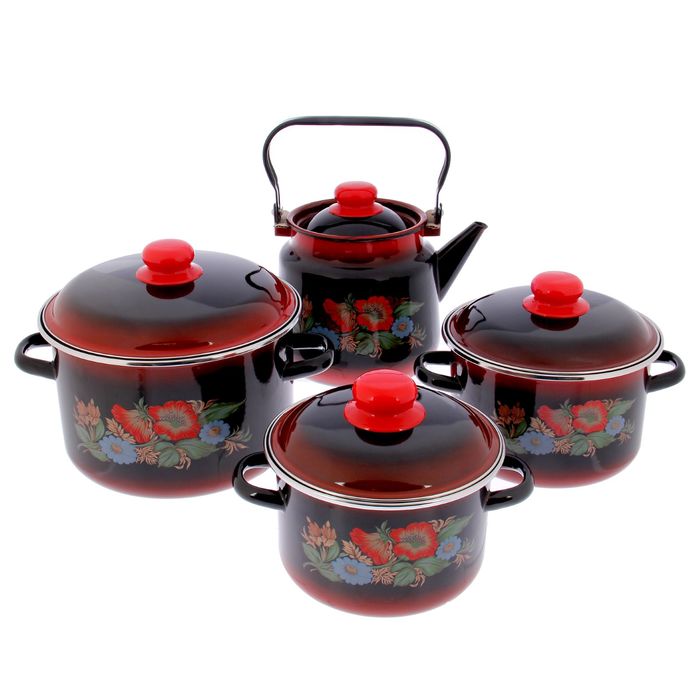 Набор посуды "Шиповник", 4 предмета: кастрюли 2 л; 3 л; 5,5 л, чайник 3,5 л