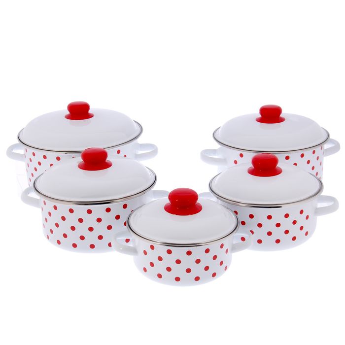 Набор кастрюль "Красный горох", 5 предметов: 1,5 л, 2 л, 3 л, 4 л, 5 л, цвет белый