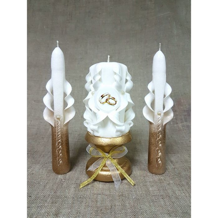 Набор свечей резных "Свадебный", золотой: Домашний очаг, Родительские свечи, подсвечник