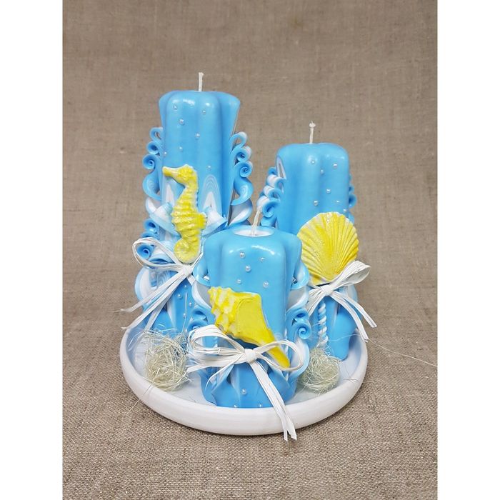 Набор Резных свечей на подставке  "Морской" голубой 3шт/уп