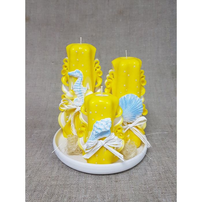 Набор Резных свечей на подставке  "Морской" желтый 3шт/уп