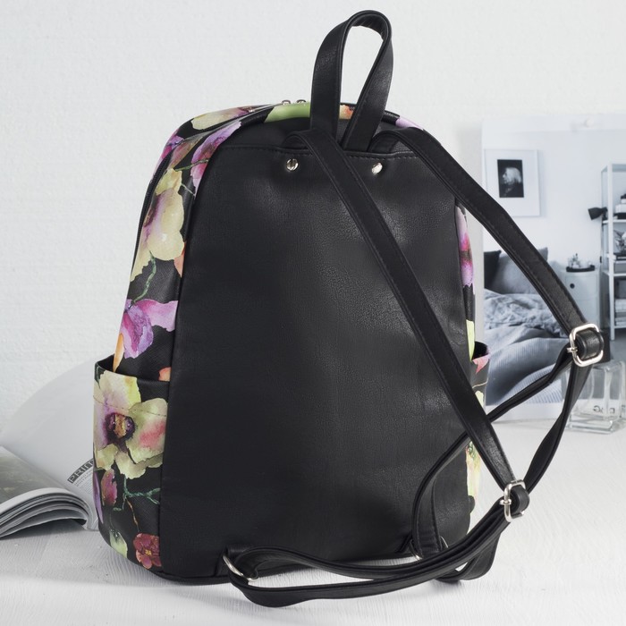 Рюкзак, отдел на молнии, 3 наружных кармана, цвет чёрный/цветы