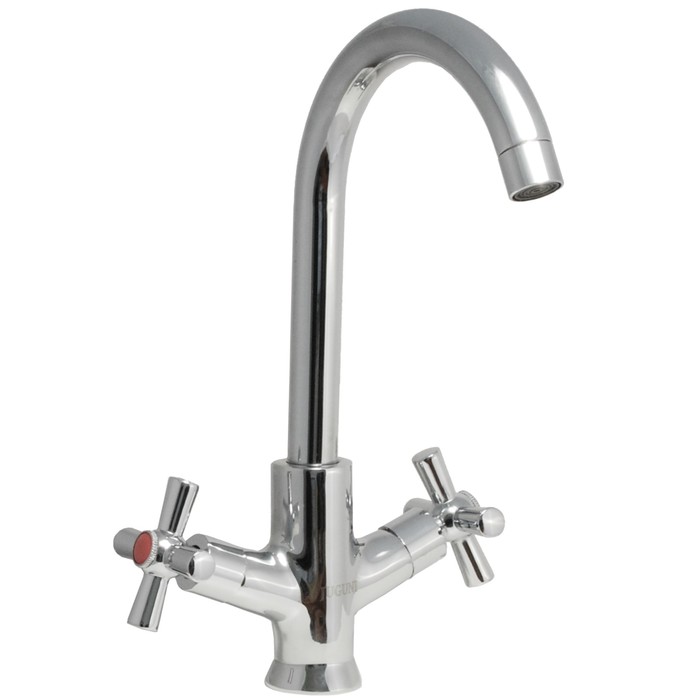 Смеситель для мойки двуручный Juguni JGN0341 с гибкой подводкой, крепление-гайка, кран-букса керамика, хром.