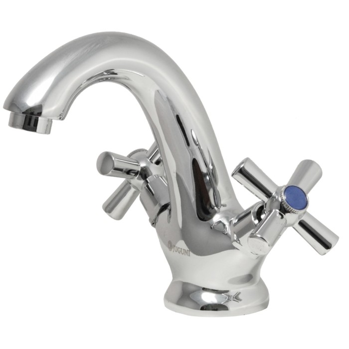 Смеситель для умывальника двуручный Juguni JGN0741 с гибкой подводкой, кран-букса керамика, хром.маховики