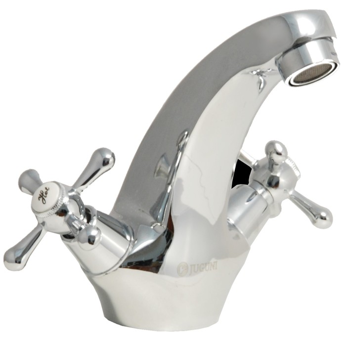 Смеситель для умывальника двуручный Juguni JGN0740 с гибкой подводкой, кран-букса керамика, хром.маховики