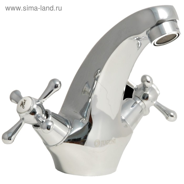 Смеситель для умывальника двуручный Juguni JGN0740 с гибкой подводкой, кран-букса керамика, хром.маховики