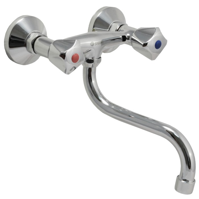 Смеситель для умывальника настенный двуручный Juguni JGN0830, кран-букса резина, хром.маховик