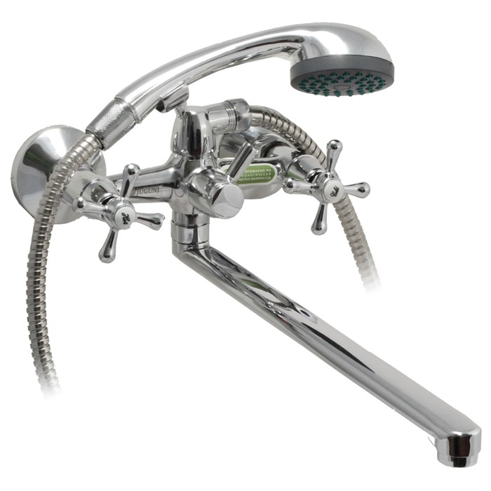 Смеситель ванно-душевой двуручный Juguni JGN0140/B с металлическим шлангом, хром.лейкой и маховики, кран-букса резина, L-излив