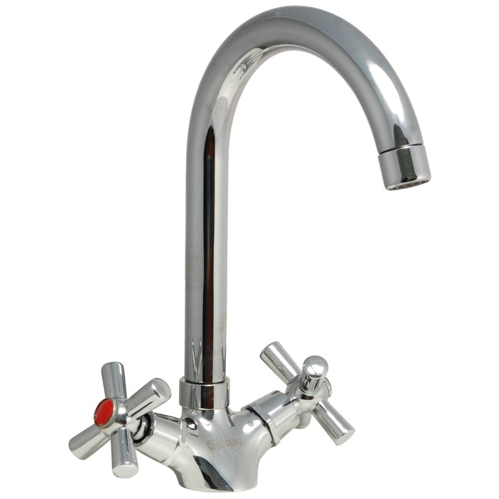 Смеситель для мойки двуручный Juguni JGN0441/B с гибкой подводкой, кран-букса керамика, хром.маховики