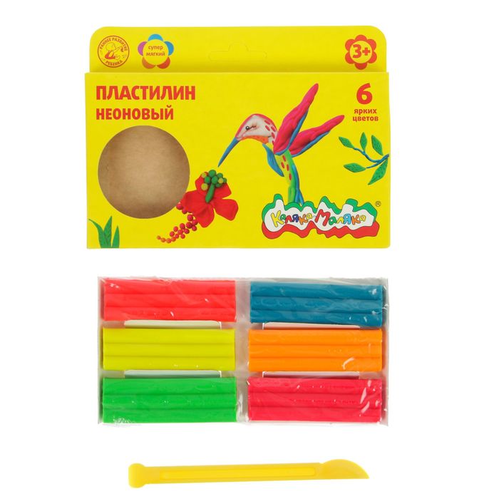 Пластилин флуоресцентный 6 цветов 90г "Каляка-Маляка", со стеком
