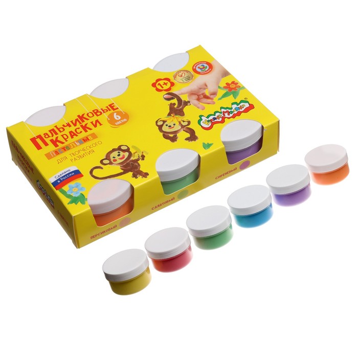 Краски пальчиковые пастельные, набор 6 цветов х 60 мл, Каляка-Маляка, для малышей