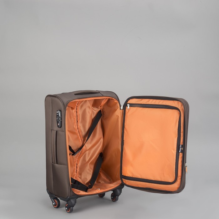 Чемодан малый на молнии, 1 отдел, 44 л, 2 наружных кармана, 4 колеса, кодовый замок, цвет коричневый