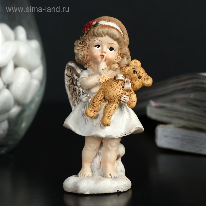 Сувенир полистоун Ангелочек-девочка с пухлыми щечками с мишкой 9х3,5х3,5 см