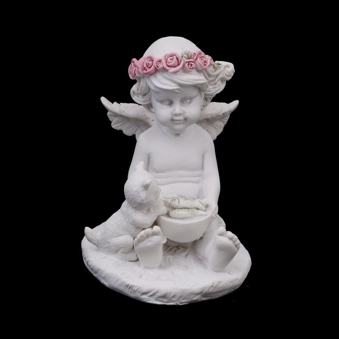 Сувенир полистоун "Белоснежный ангел кормит рыбкой котенка" 8,5х6х6 см