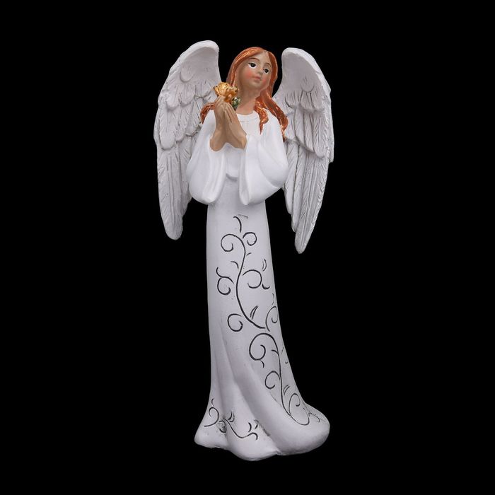 Сувенир полистоун "Ангел девушка в платье с узором с цветком в руках" 15,5х7,5х5 см